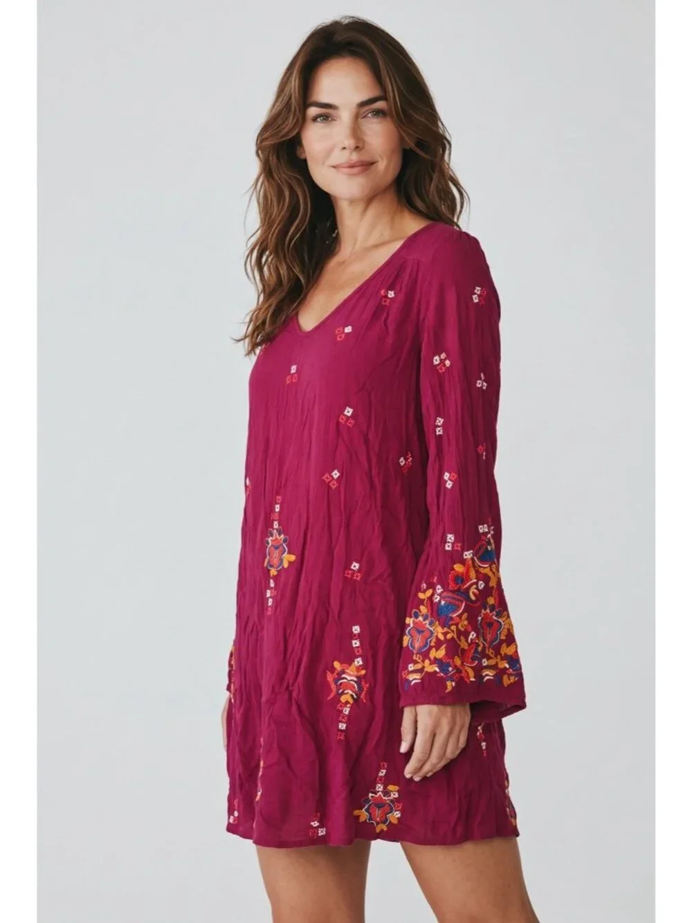 Free People Burgundy Key hole back Embroidered Tunic Mini sz XS/TP baloon sleeve